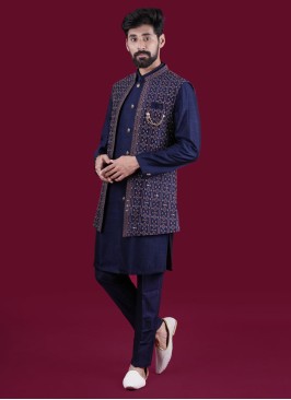 Traditional Wear Navy Blue Nehru Jacket Set In Silk