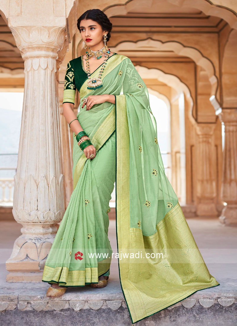 Pista Green Organza Party Wear Saree With Contrast Blouse