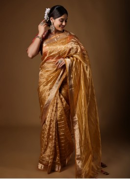 Traditional Wear Golden Yellow Color Organza Saree