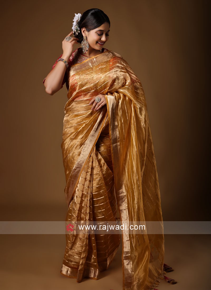 Wine Golden Zari Banarasi Organza Saree - House of Vardha