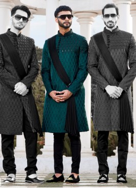 Traditional Wear Rama Blue And Black Indowestern