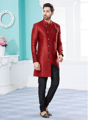 Traditional Wear Red Color Indowestern For Men