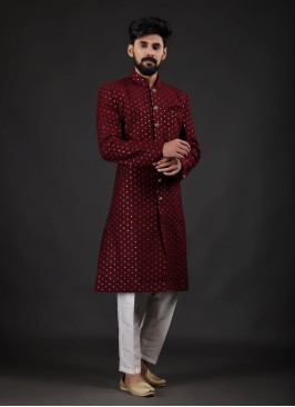 Traditional Wear Sequins Work Indowestern In Maroon Color