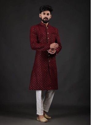 Traditional Wear Sequins Work Indowestern In Maroon Color