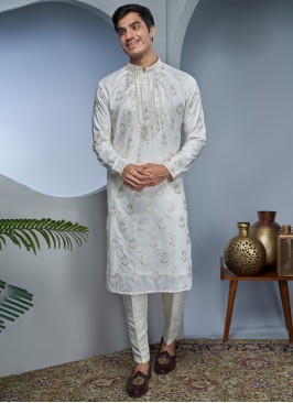Traditional White Cotton Silk Embroidered Kurta Pajama