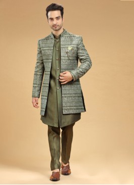 Trending Mehendi Green Jacket Style Indowestern Set In Raw Silk