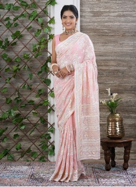 Trendy Peach Party Wear Chiffon Saree