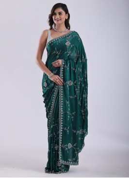 Diamonds Studded Rama Green Festive Saree