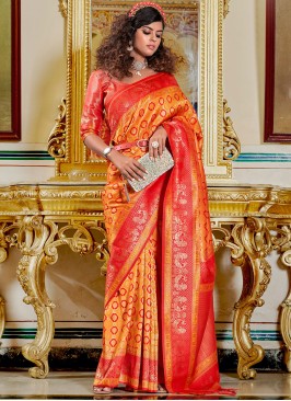 Orange and Mustard Yellow Weaving Banarasi Trendy Silk Saree