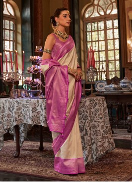 Classic Cream And Rani Silk Saree