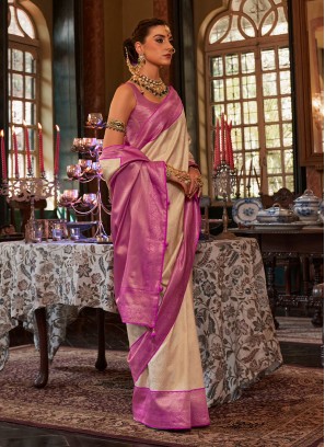 Classic Cream And Rani Silk Saree