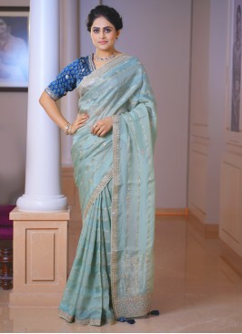 Trendy Sea Green Organza Designer Saree