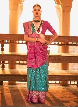 Turquoise & Deep Pink Festive Patola Silk Saree