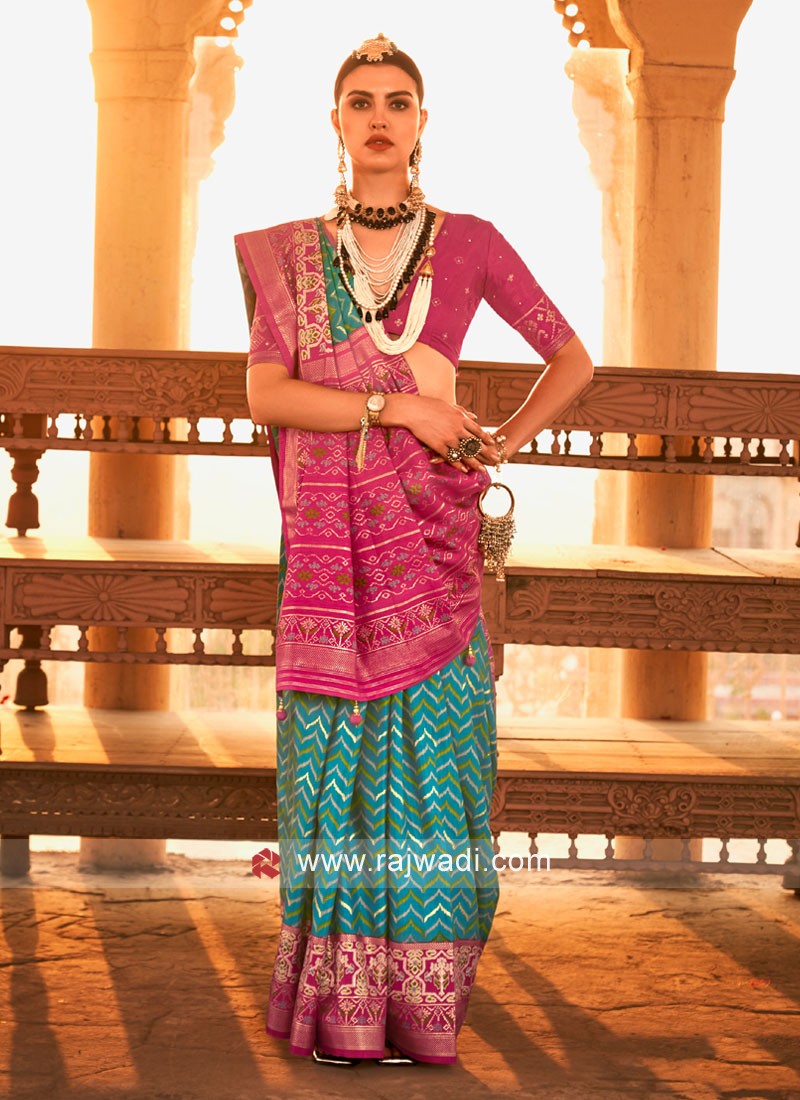 Turquoise & Deep Pink Festive Patola Silk Saree