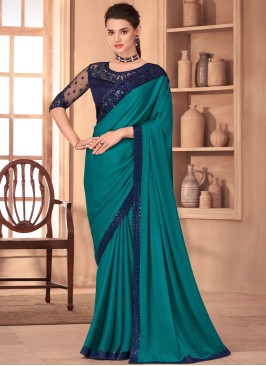 Turquoise and Dark Blue Contemporary Silk Saree