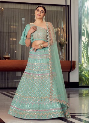 Turquoise Mirror Embroidered Lehenga Choli