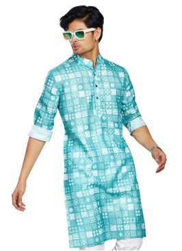 Turquoise Festive Mens Cotton Printed Kurta