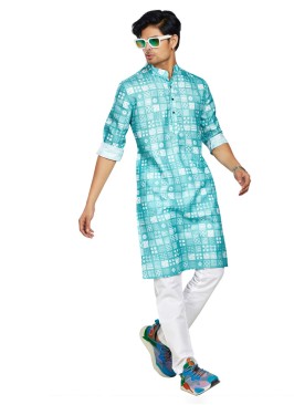 Turquoise Festive Mens Cotton Printed Kurta Pajama