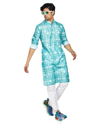 Turquoise Festive Mens Cotton Printed Kurta Pajama