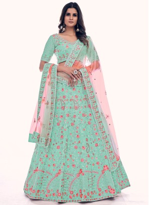 Turquoise Net Long Choli Lehenga