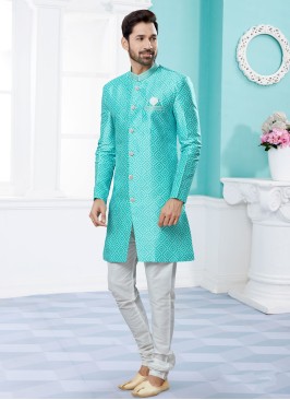 Turquoise Printed Indowestern Set For Men