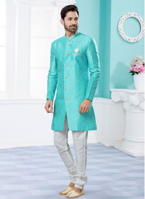 Turquoise Printed Indowestern Set For Men
