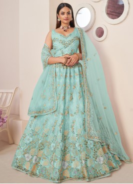 Designer Embroidered Firozi Lehenga Choli In Net