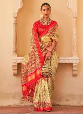 Beige and Red Zari Work Tussar Silk Saree