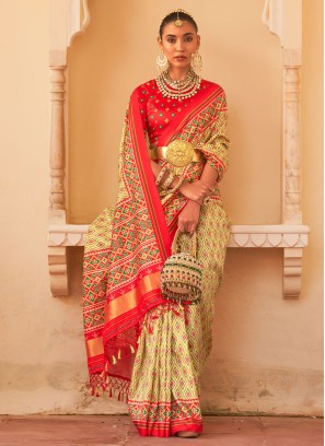 Beige and Red Zari Work Tussar Silk Saree