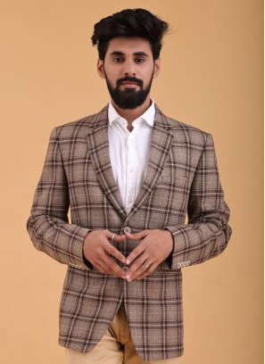 Tweed Khaki Color Checks Blazer For Men