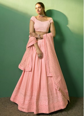 Designer Thread Embroidered Peach Lehenga Choli