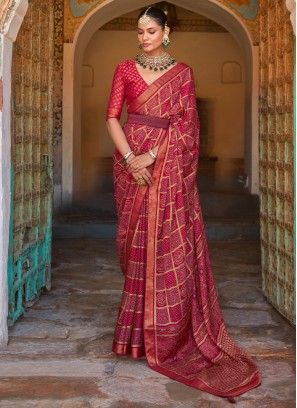 Red Color Ajrakh Printed Contemporary Saree