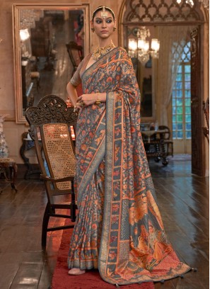 Designer Grey Digital Printed Patola Silk Saree