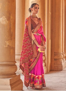Hot Pink & Brown patola Printed Silk Saree