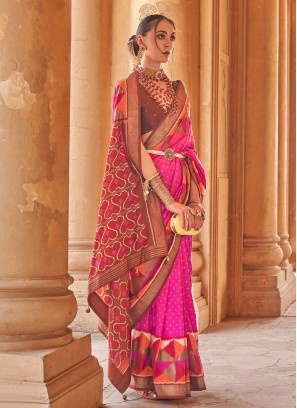 Hot Pink & Brown patola Printed Silk Saree