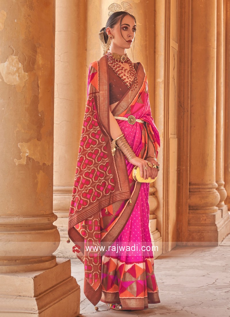 Hot Pink & Brown patola Printed Silk Saree