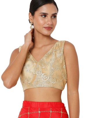 V Neck Golden Cream Color Net Ready Blouse