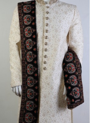 Velvet Black Embroidered Sherwani Dupatta