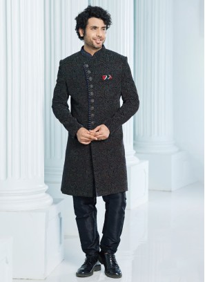 Velvet Dark Navy Blue Embroidered Indowestern Set