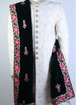 Velvet Green Dupatta With Pink Rose Work