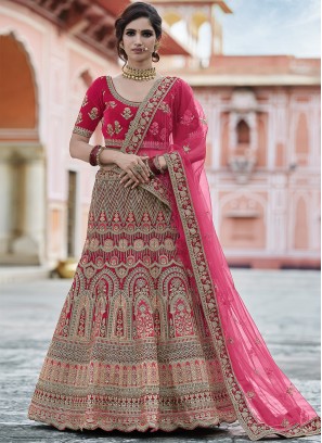 Velvet Handwork Pink Lehenga Choli