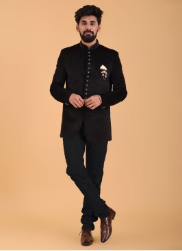 Velvet Jodhpuri Suit In Black Color