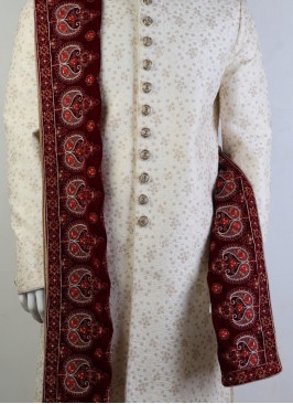 Velvet Maroon Embroidered Sherwani Dupatta