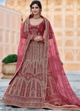 Velvet Patch Border Lehenga Choli in Maroon