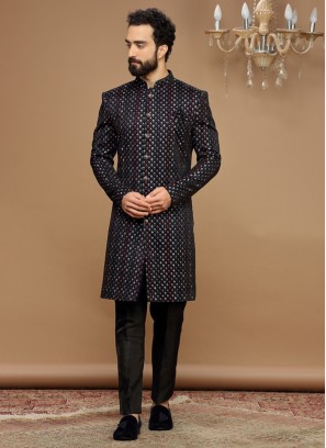 Velvet Readymade Black Indowestern For Men