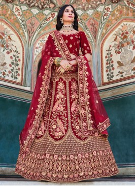 Classic Red Embroidered Velvet Wedding Lehenga Choli