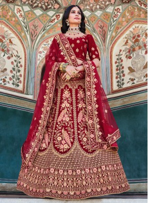 Classic Red Embroidered Velvet Wedding Lehenga Choli