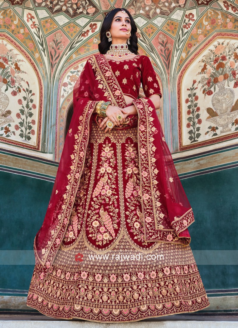 Buy Multicolor Embroidery Velvet Bridal Lehenga Choli at Ethnic Plus.