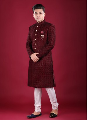 Velvet Thread Work Indowestern In Maroon Color