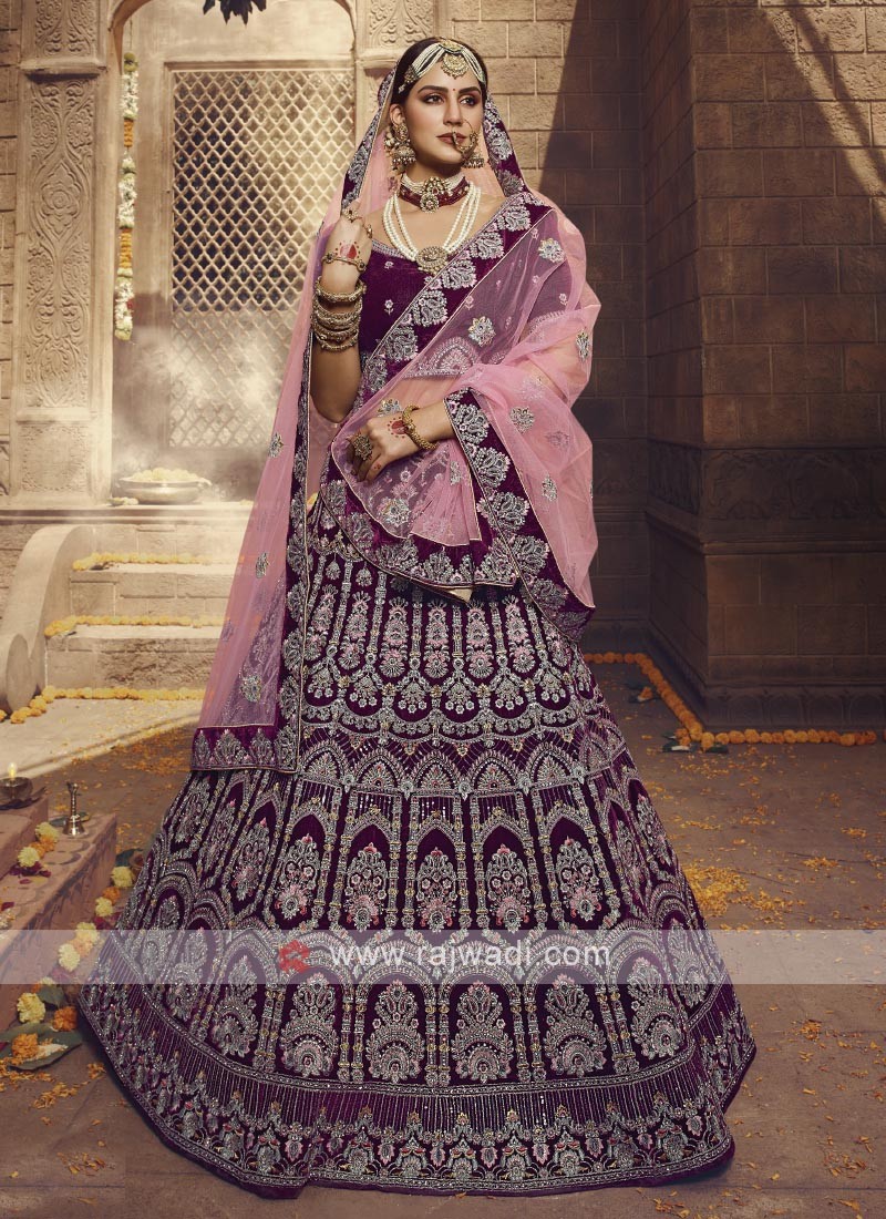 Bridal Wine Velvet Lehenga Choli With Mustard Dupatta|Bridal Lehenga Online  |lovelyweddingmall.com